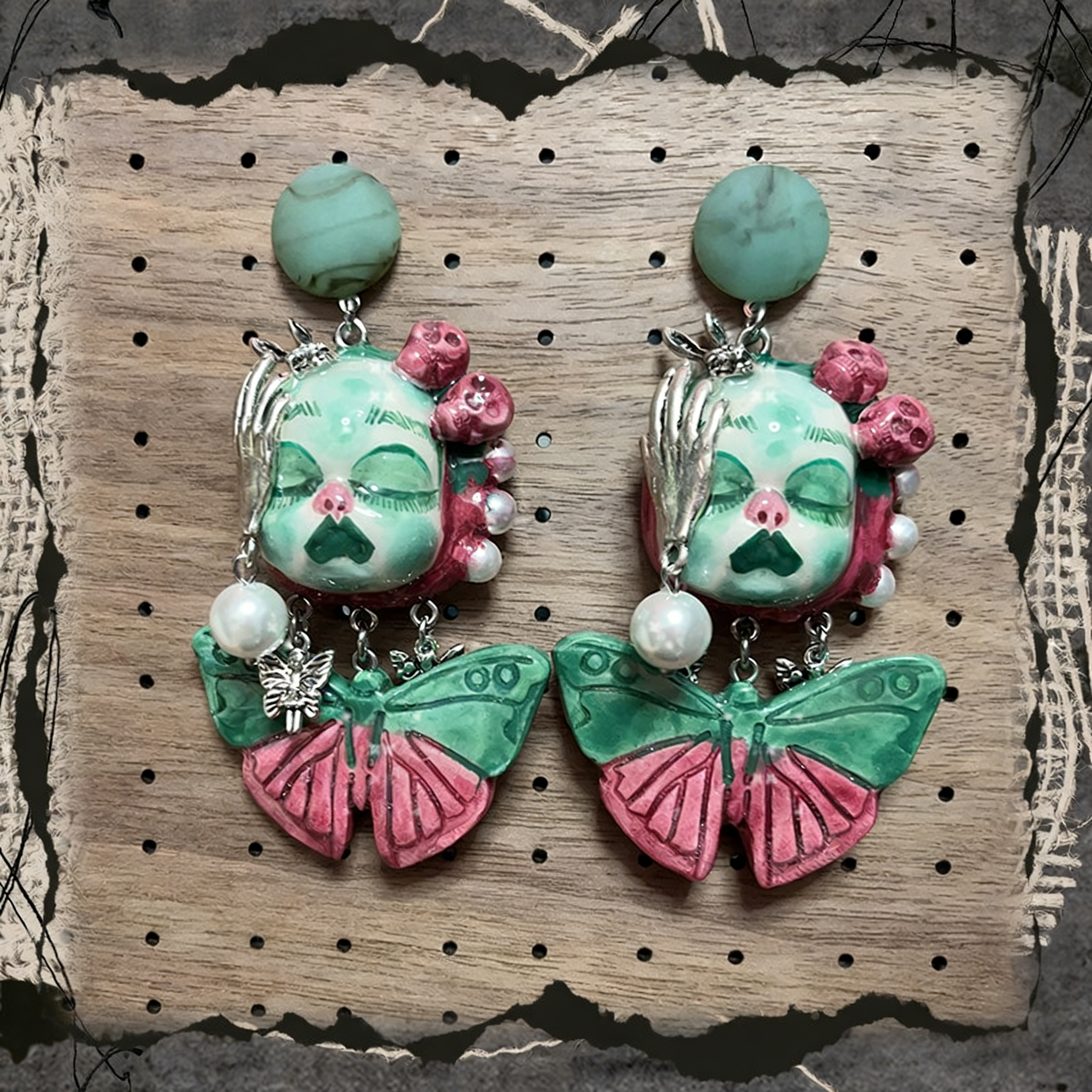 Green and Pink Butterfly Claw Freak Baby Earrings