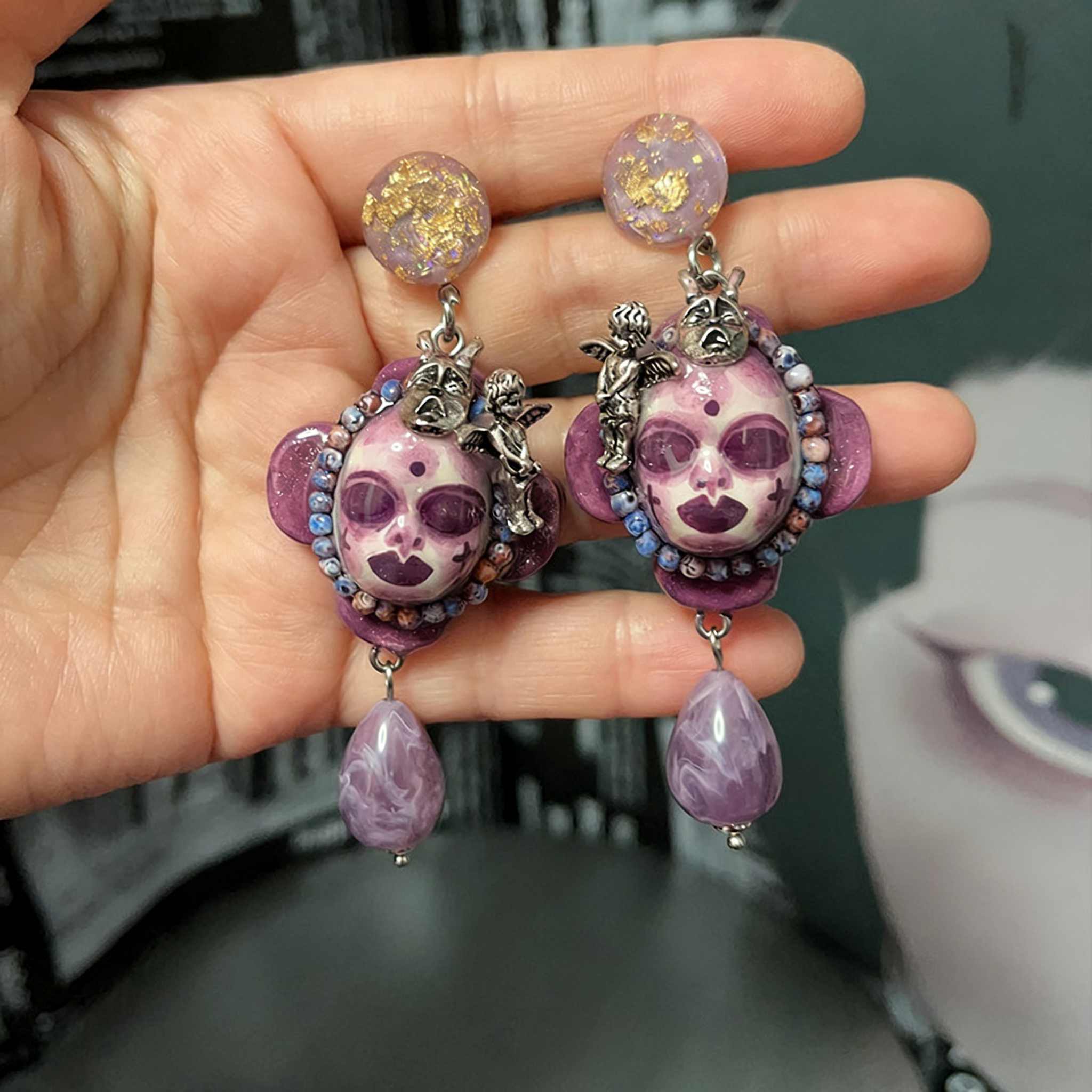 Purple Face Angel Mask Freak Baby Earrings