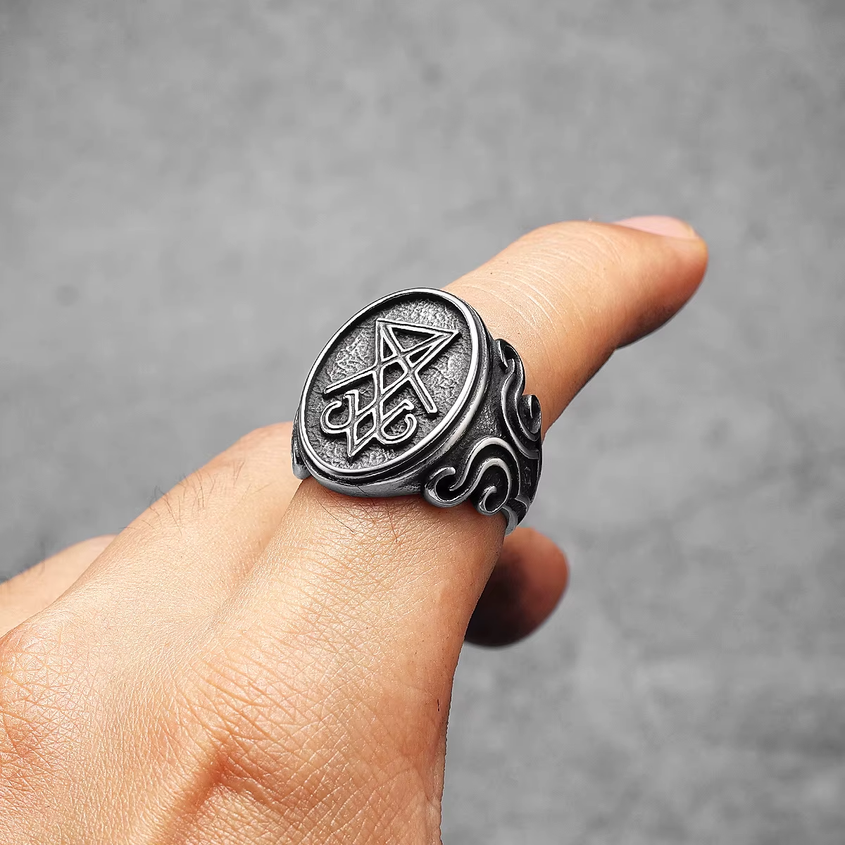 Sigil of Lucifer Scrollwork Stainless Steel Ring