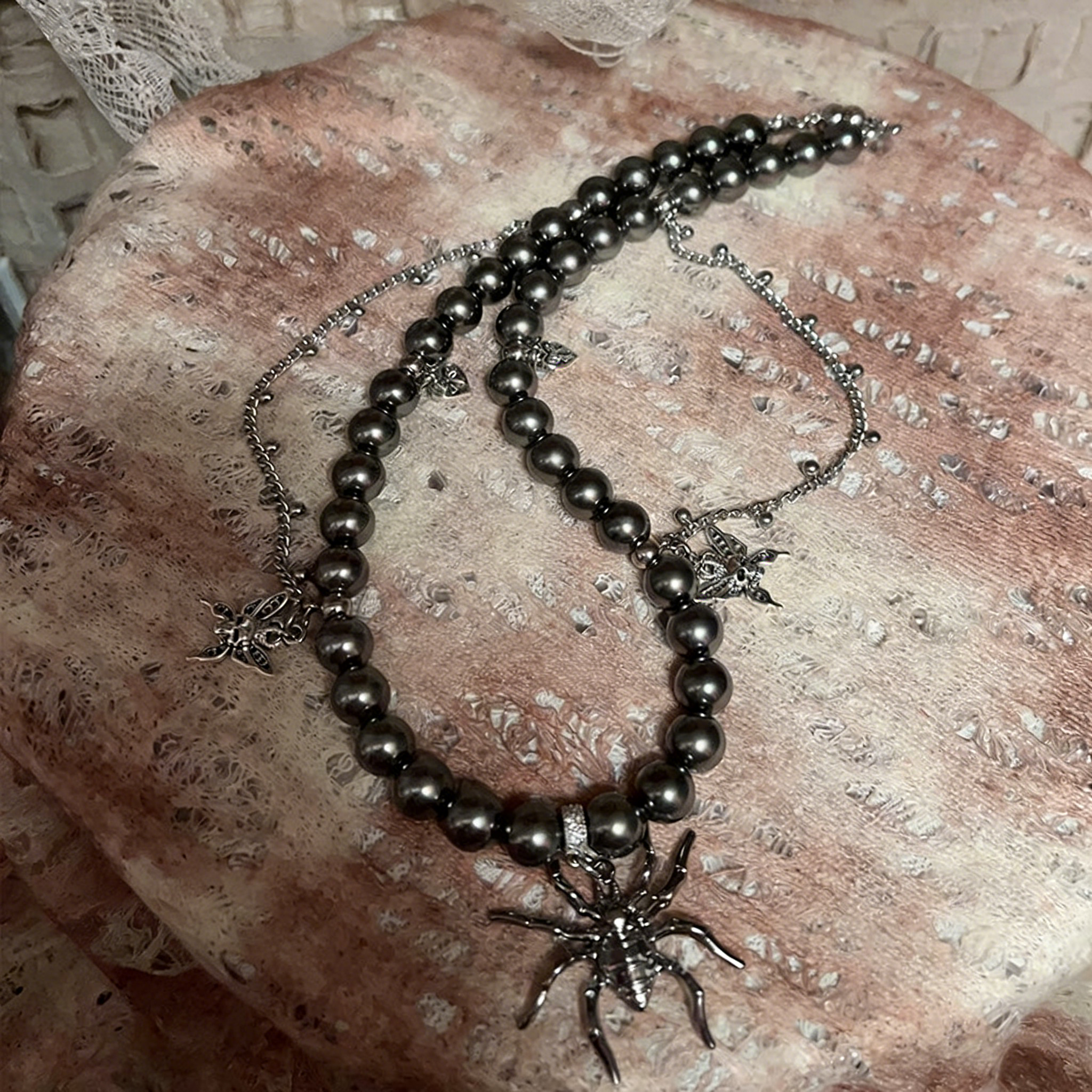 Black Spider Silver Wing Necklace