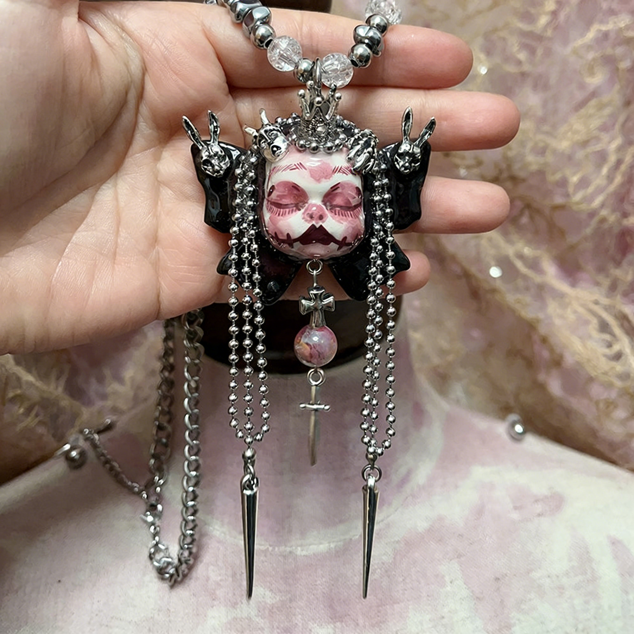 Pink Nightmare Butterfly Crown Gothic Doll Necklace