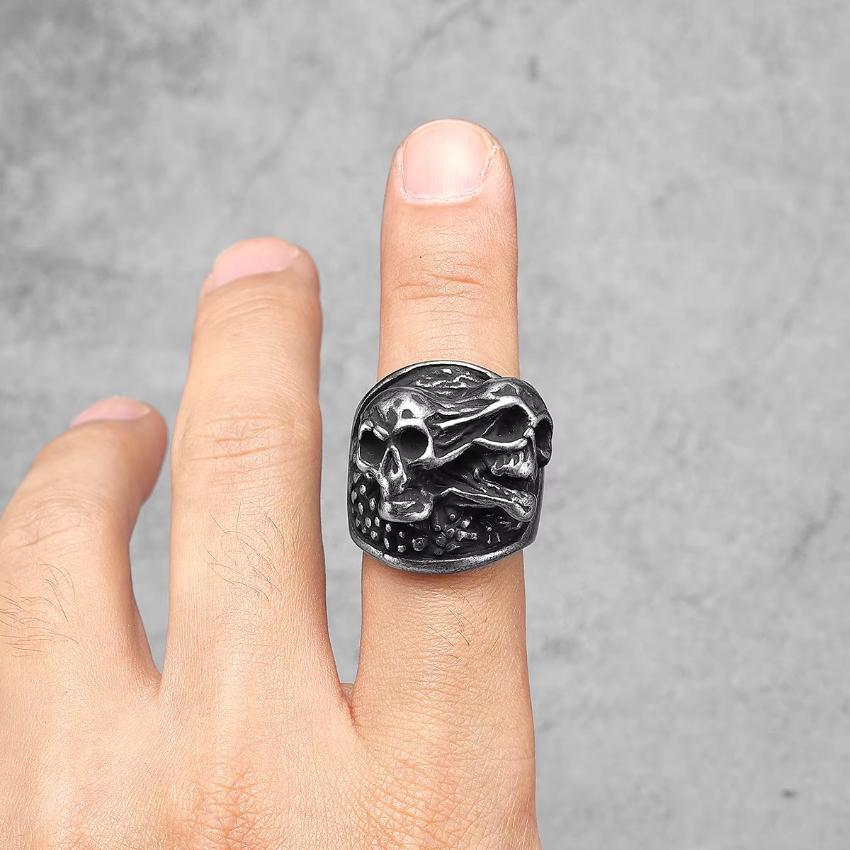Split Personality Twin Skull Gothic Biker Ring