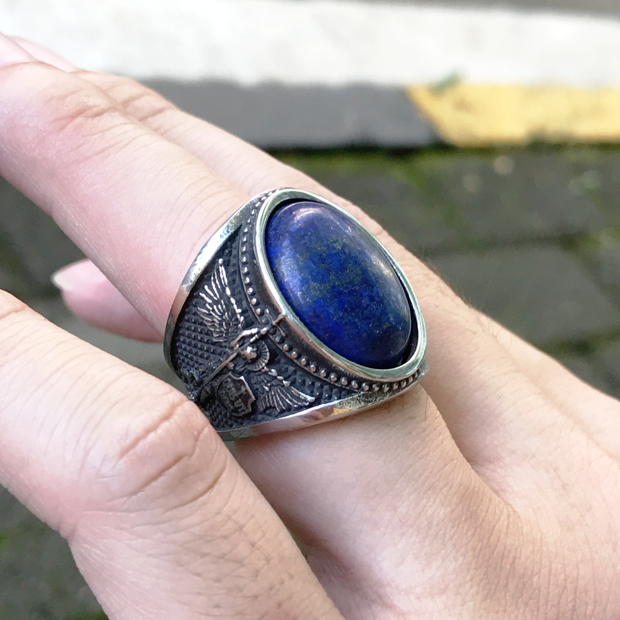 Blue Zircon St. Michael Religious Stainless Steel Ring