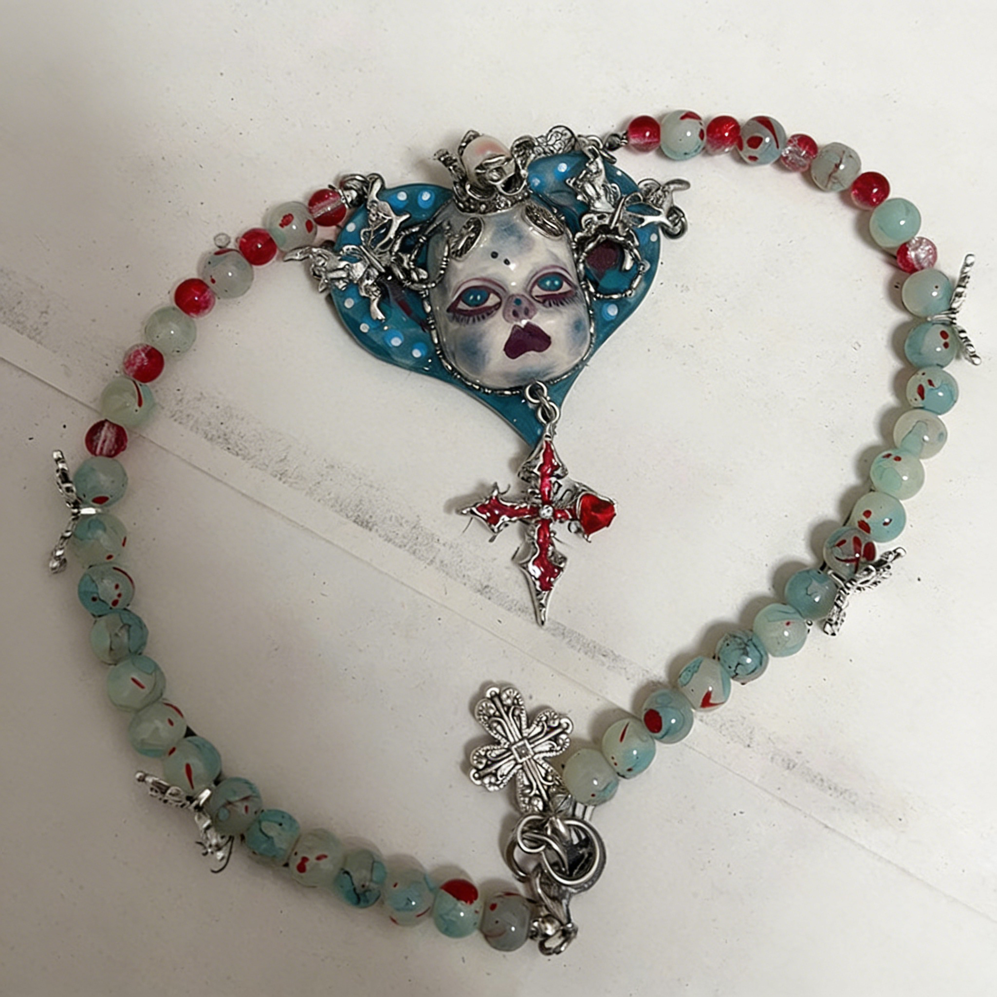 Blue Heart Puppet Gothic Doll Necklace
