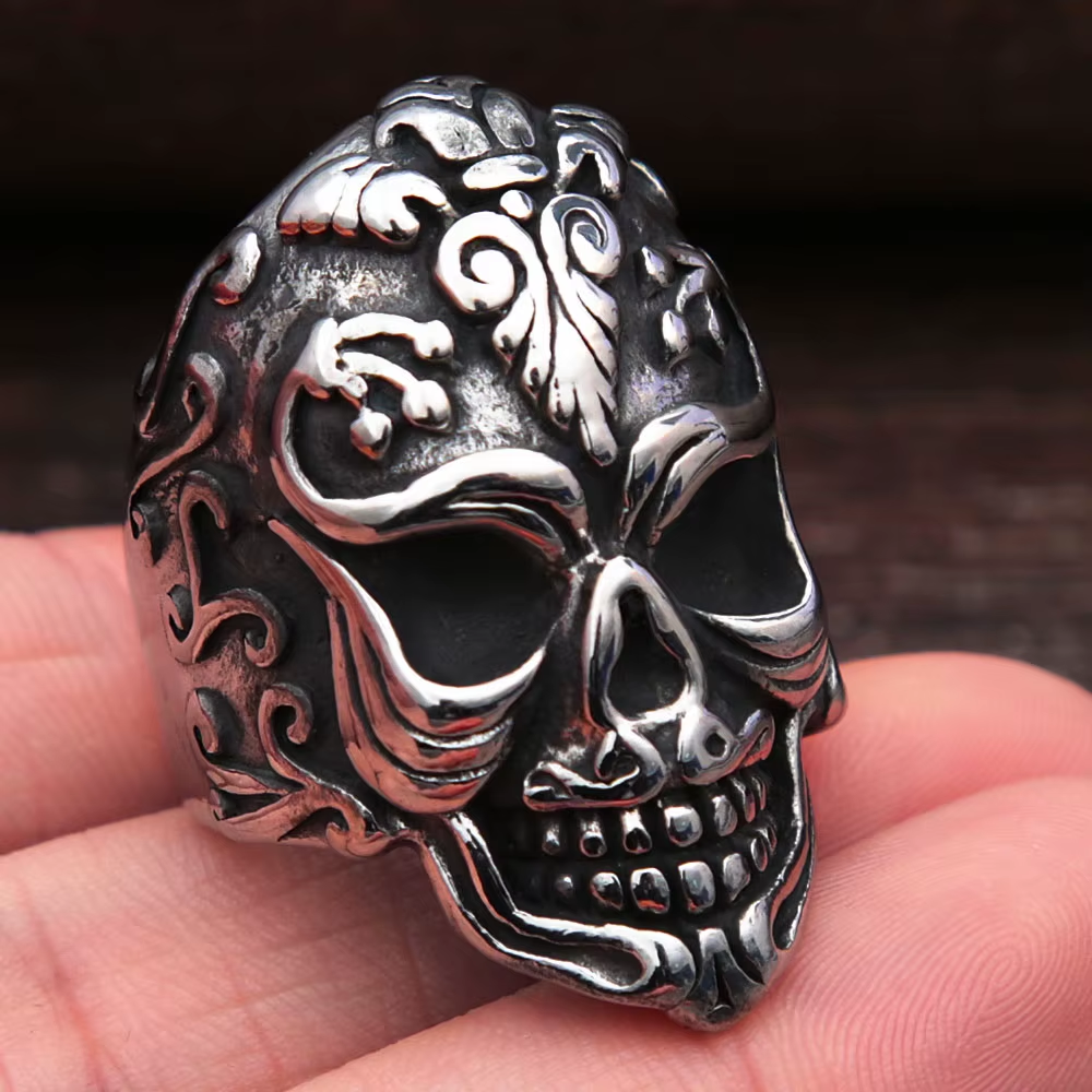 Vintage Floral Sugar Skull Stainless Steel Ring