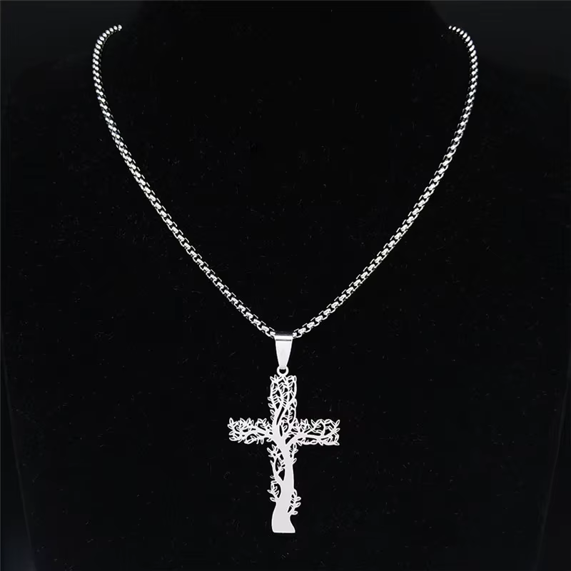 Cut‑Out Tree‑Cross Stainless Steel Pendant