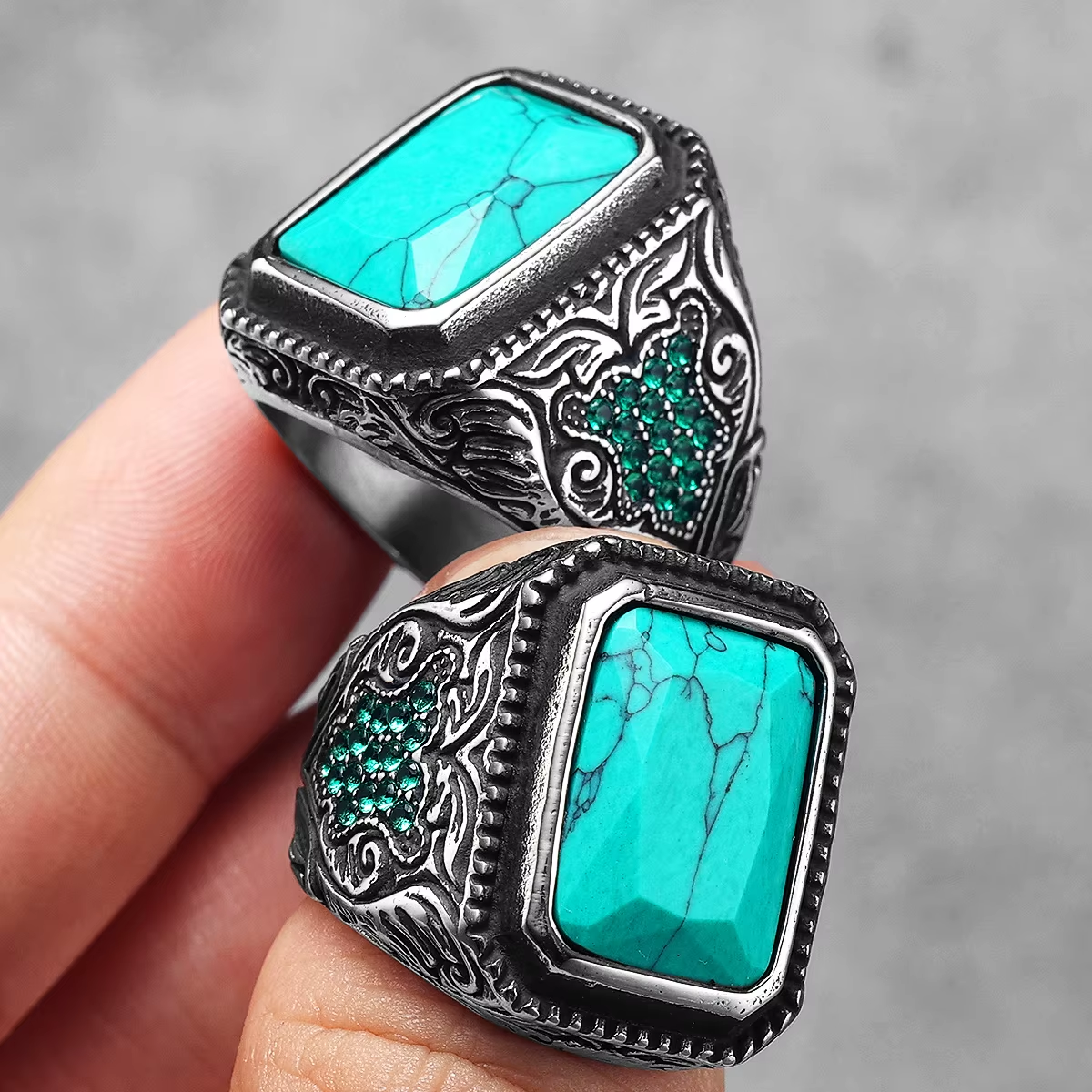 Carved Multi‑Gem Stainless Steel Ring