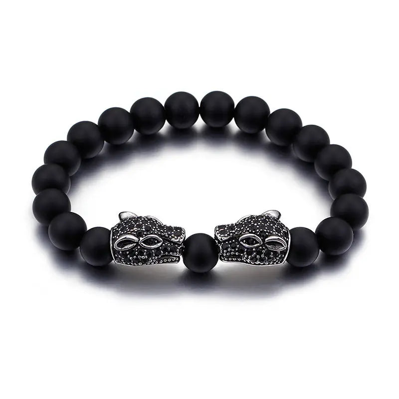 Black Agate Round Bead Panther Head Bracelet VRAFI