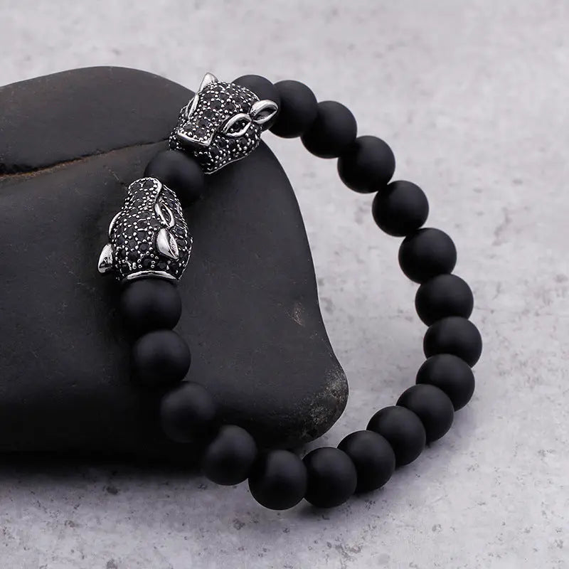 Black Agate Round Bead Panther Head Bracelet VRAFI