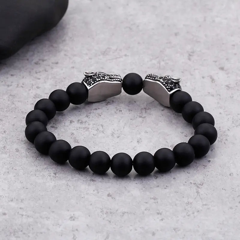 Black Agate Round Bead Panther Head Bracelet VRAFI