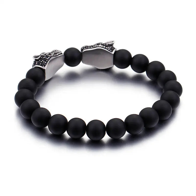 Black Agate Round Bead Panther Head Bracelet VRAFI