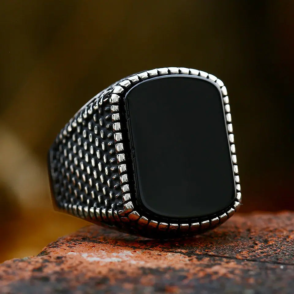 Black Onyx Agate Stainless Steel Ring - Vrafi Jewelry