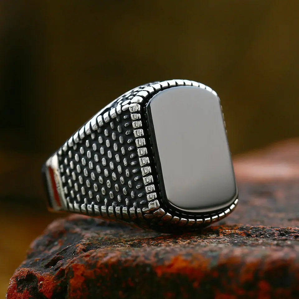 Black Onyx Agate Stainless Steel Ring - Vrafi Jewelry