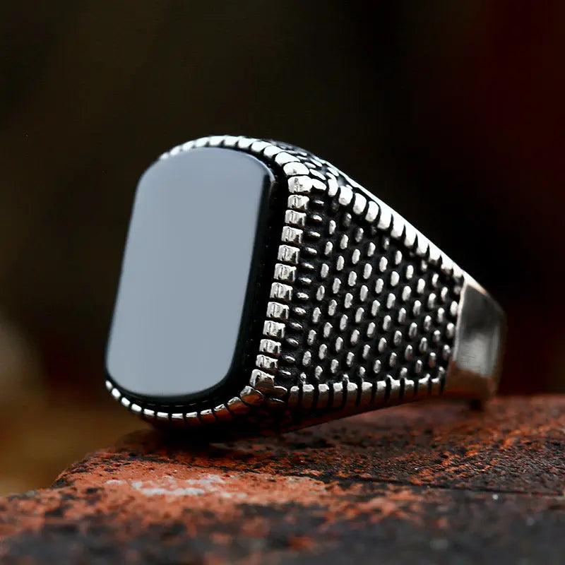 Black Onyx Agate Stainless Steel Ring - Vrafi Jewelry