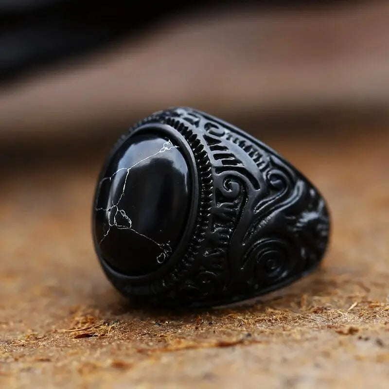 Black Turquoise Stainless Steel Ring - Vrafi Jewelry