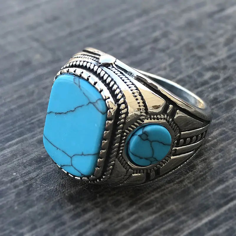 Blue-Turquoise Vintage Stainless Steel Ring - Vrafi Jewelry