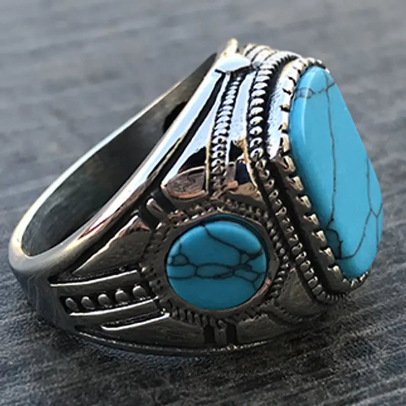 Blue-Turquoise Vintage Stainless Steel Ring - Vrafi Jewelry