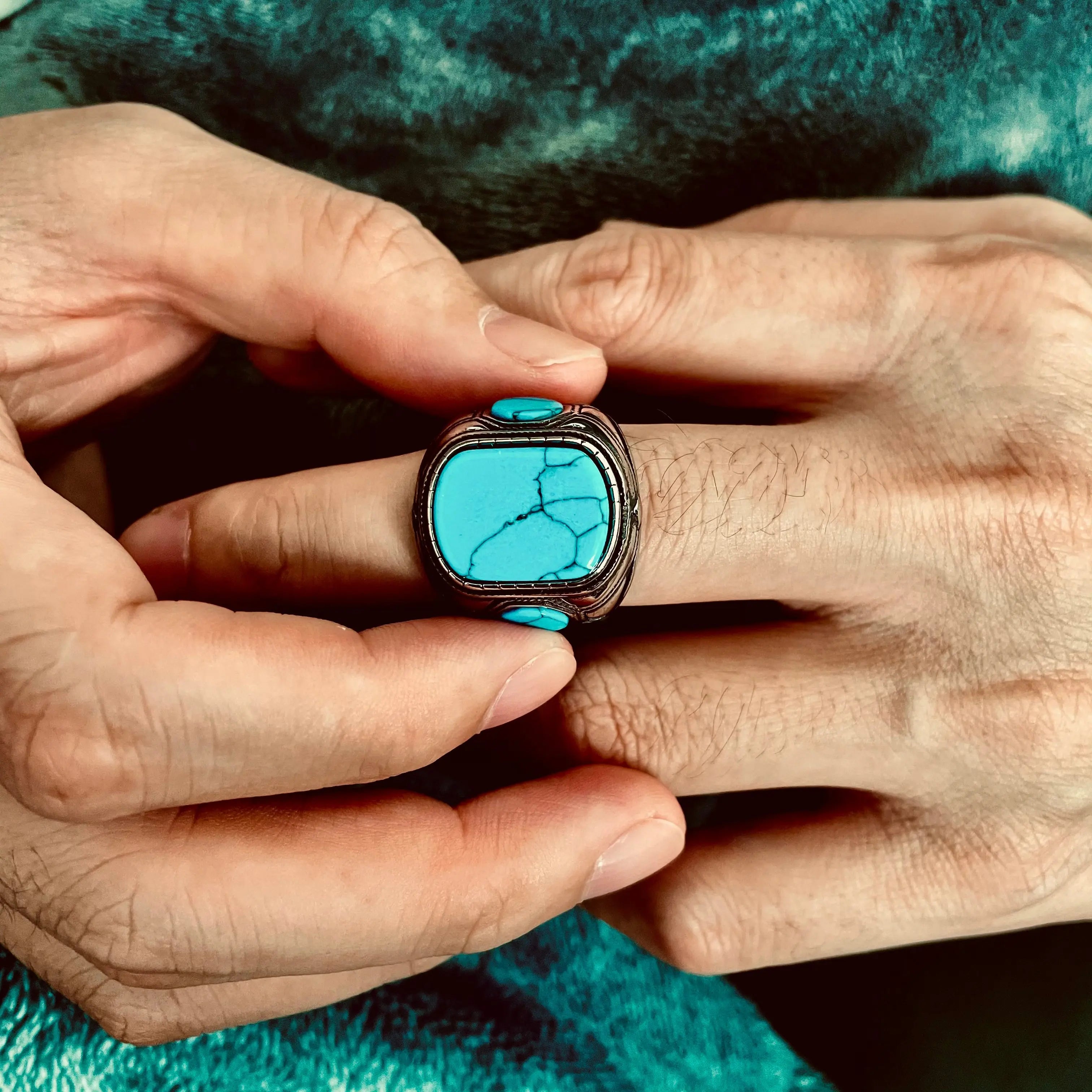 Blue-Turquoise Vintage Stainless Steel Ring - Vrafi Jewelry