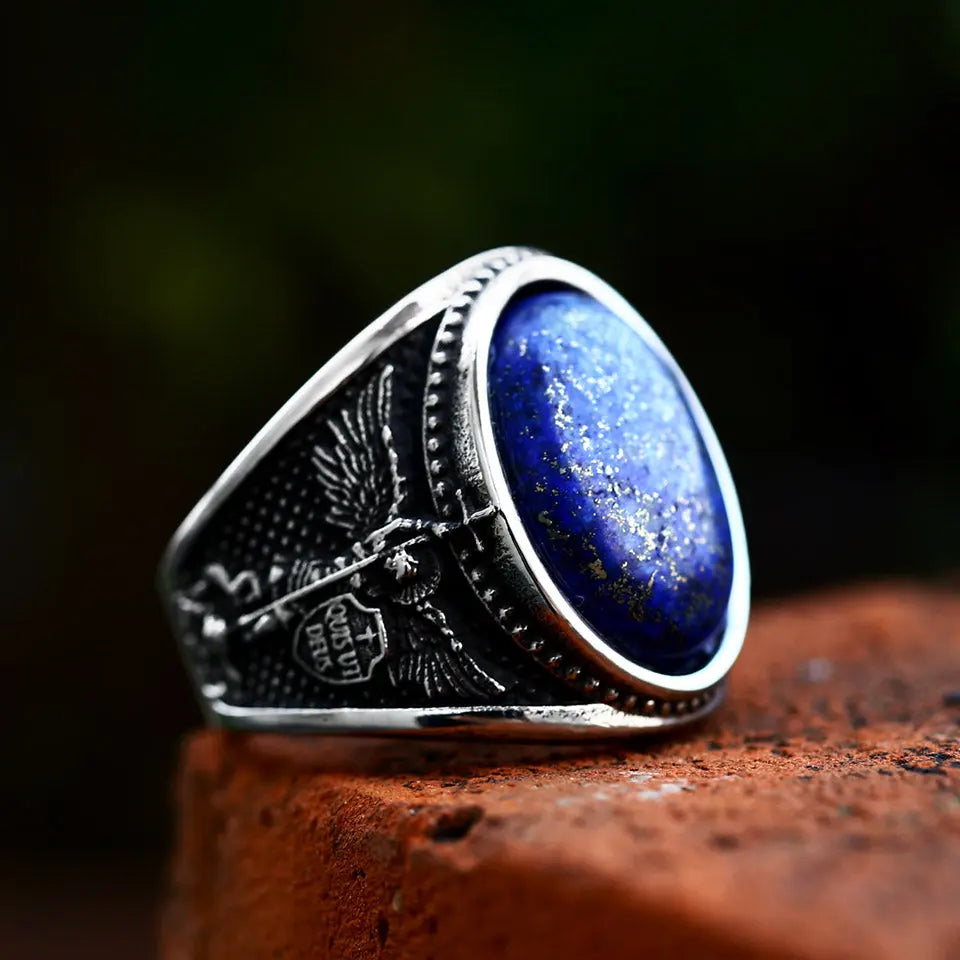 Blue Zircon St. Michael Religious Stainless Steel Ring - Vrafi Jewelry