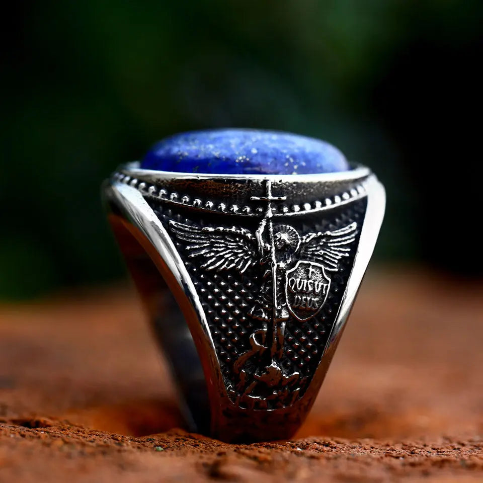 Blue Zircon St. Michael Religious Stainless Steel Ring - Vrafi Jewelry