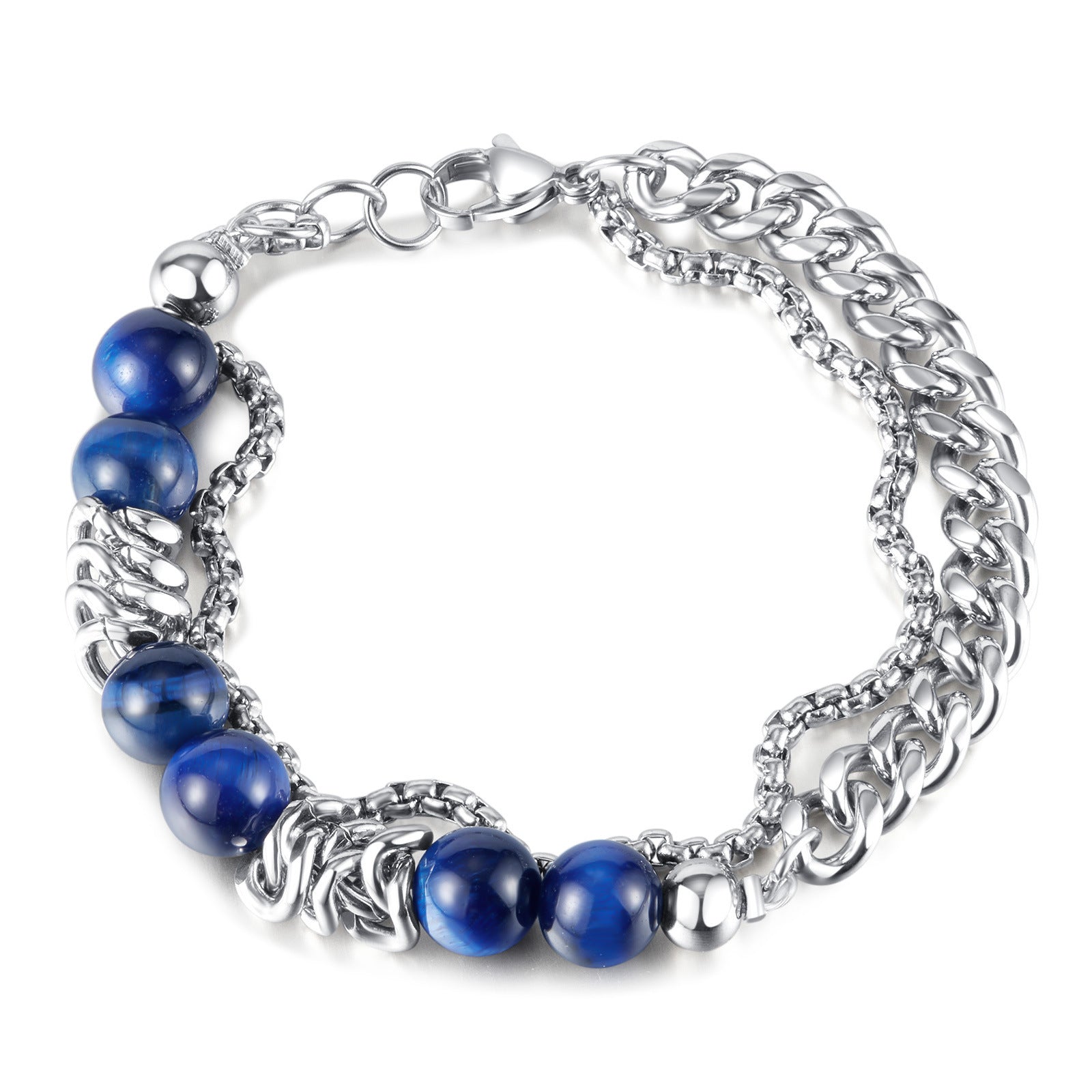 Blue Tiger's Eye Stainless Steel Multi-Layer Chain Bracelet