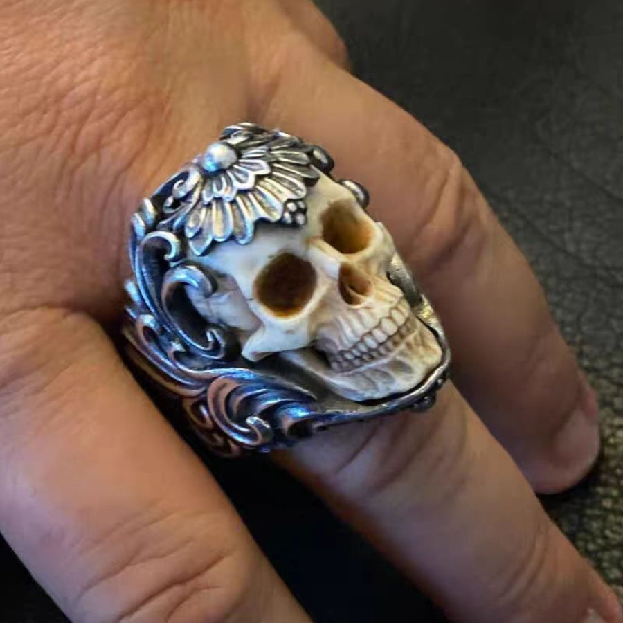 Bone Carving Skull Sterling Silver Ring