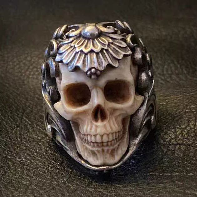 Bone Carving Skull Sterling Silver Ring