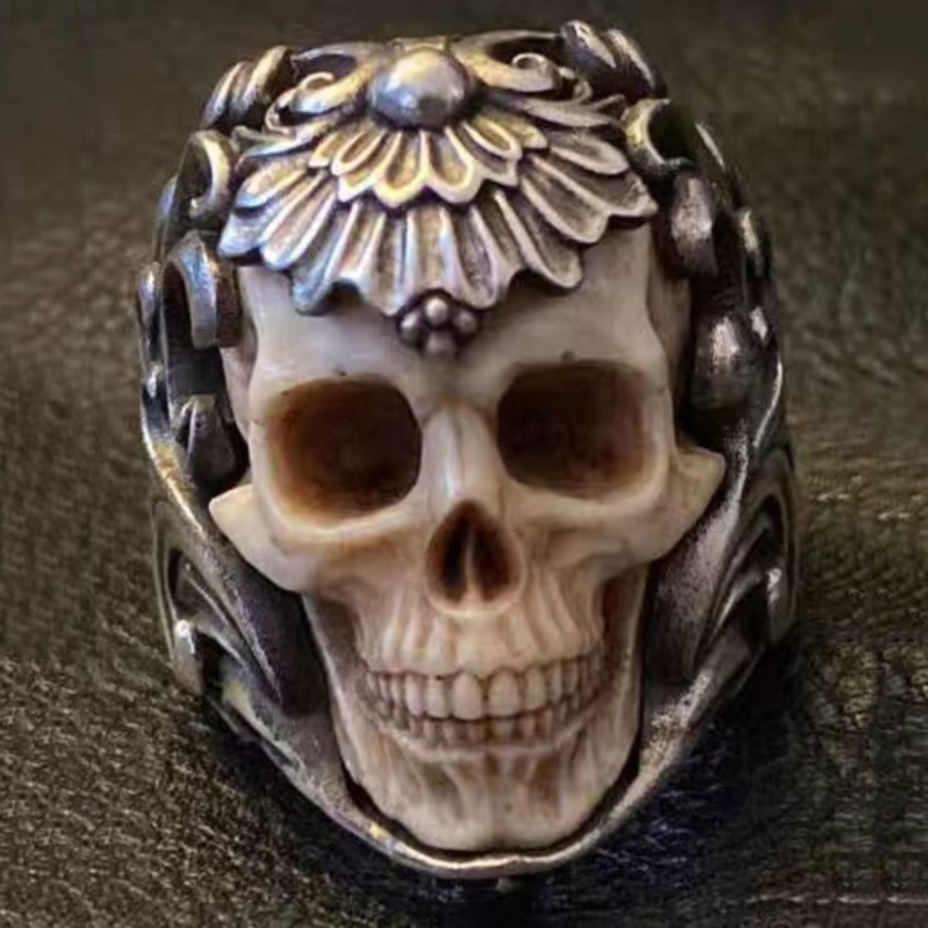 Bone Carving Skull Sterling Silver Ring