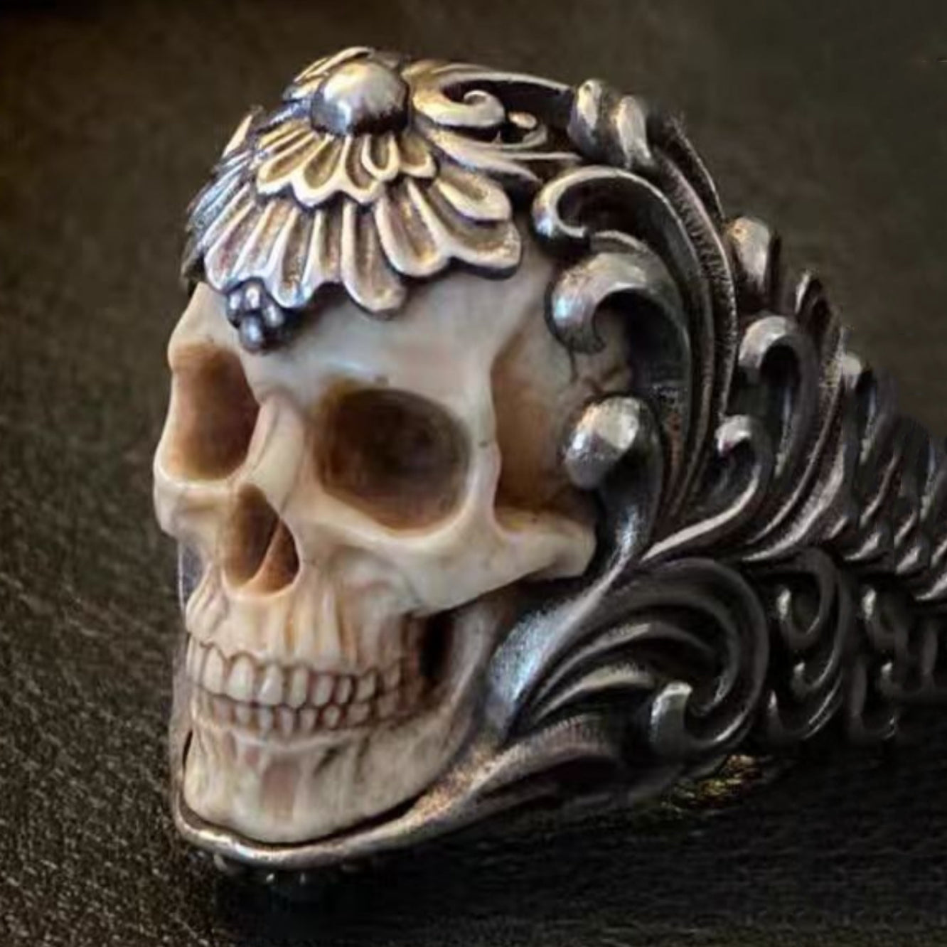 Bone Carving Skull Sterling Silver Ring