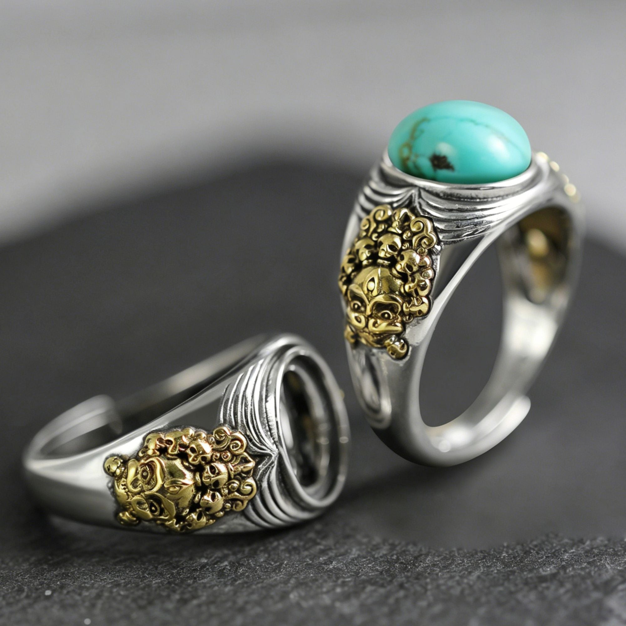 Eastern Myth Two‑Tone Turquoise Signet Ring 925 Sterling Silver