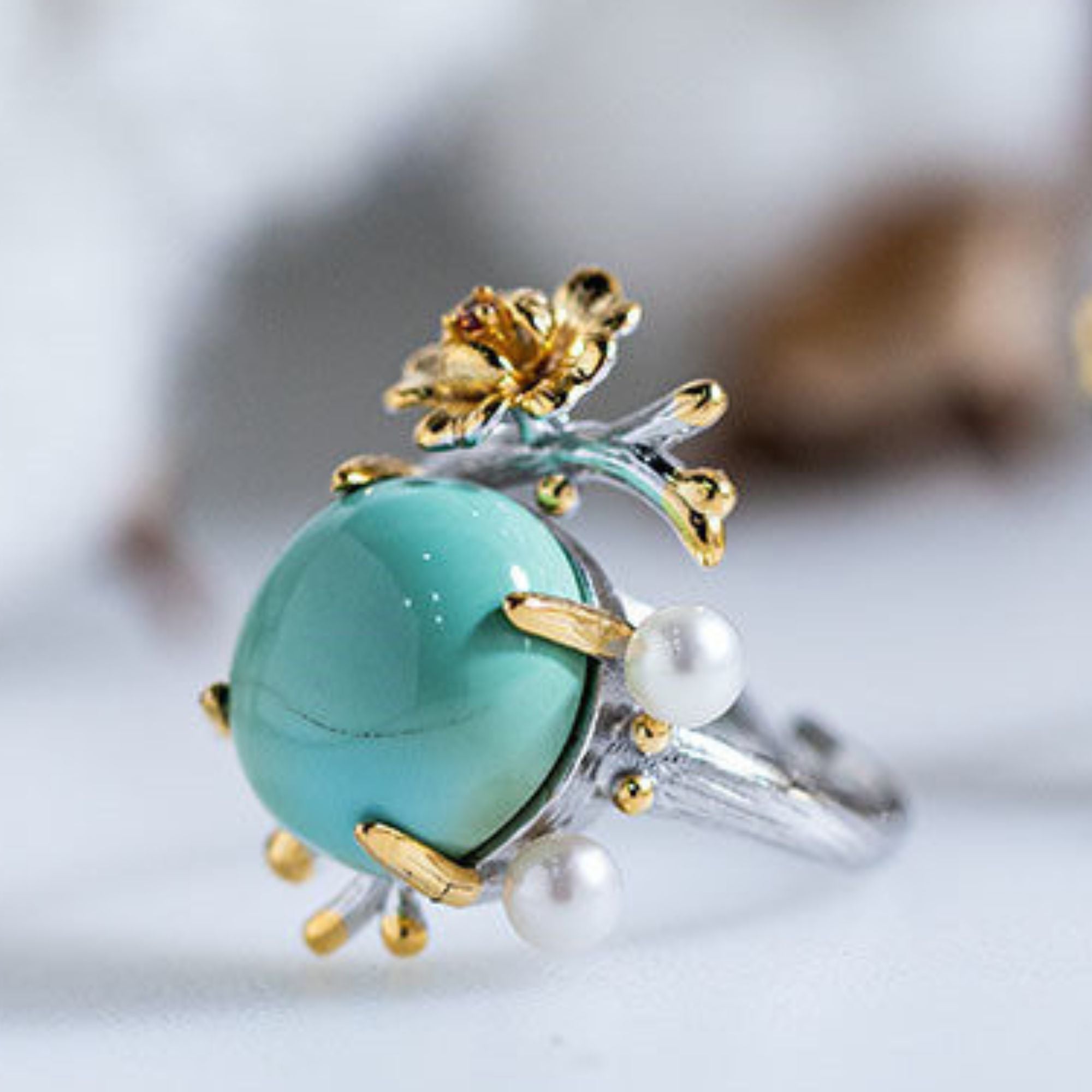 925 Sterling Silver Floral Pearl Turquoise Statement Ring