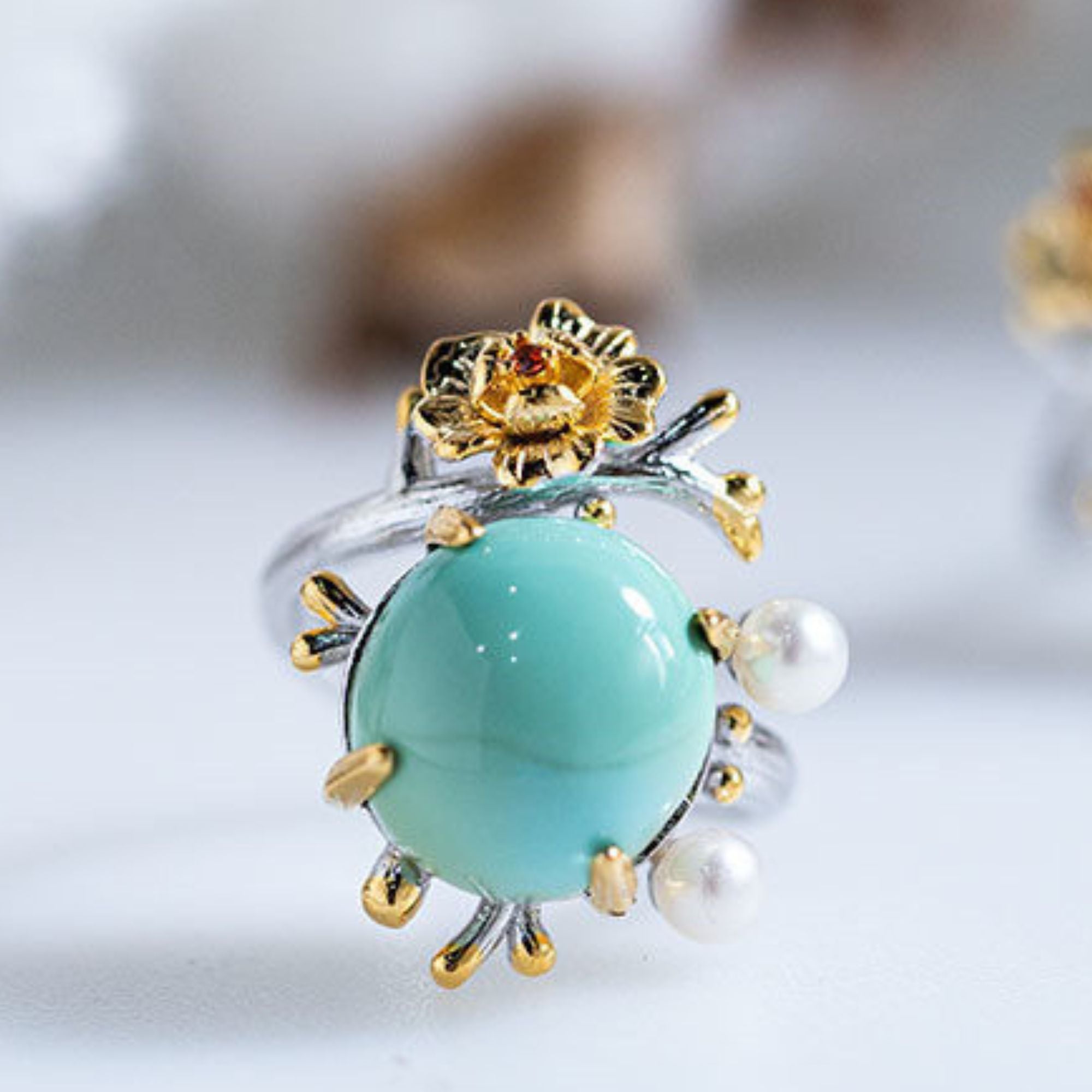925 Sterling Silver Floral Pearl Turquoise Statement Ring