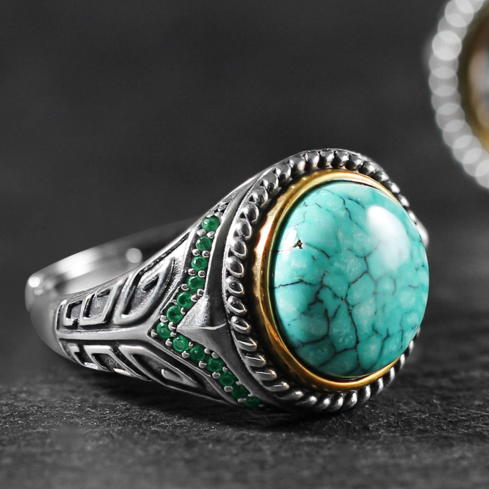 925 Sterling Silver Tribal Geometric Turquoise Signet Ring