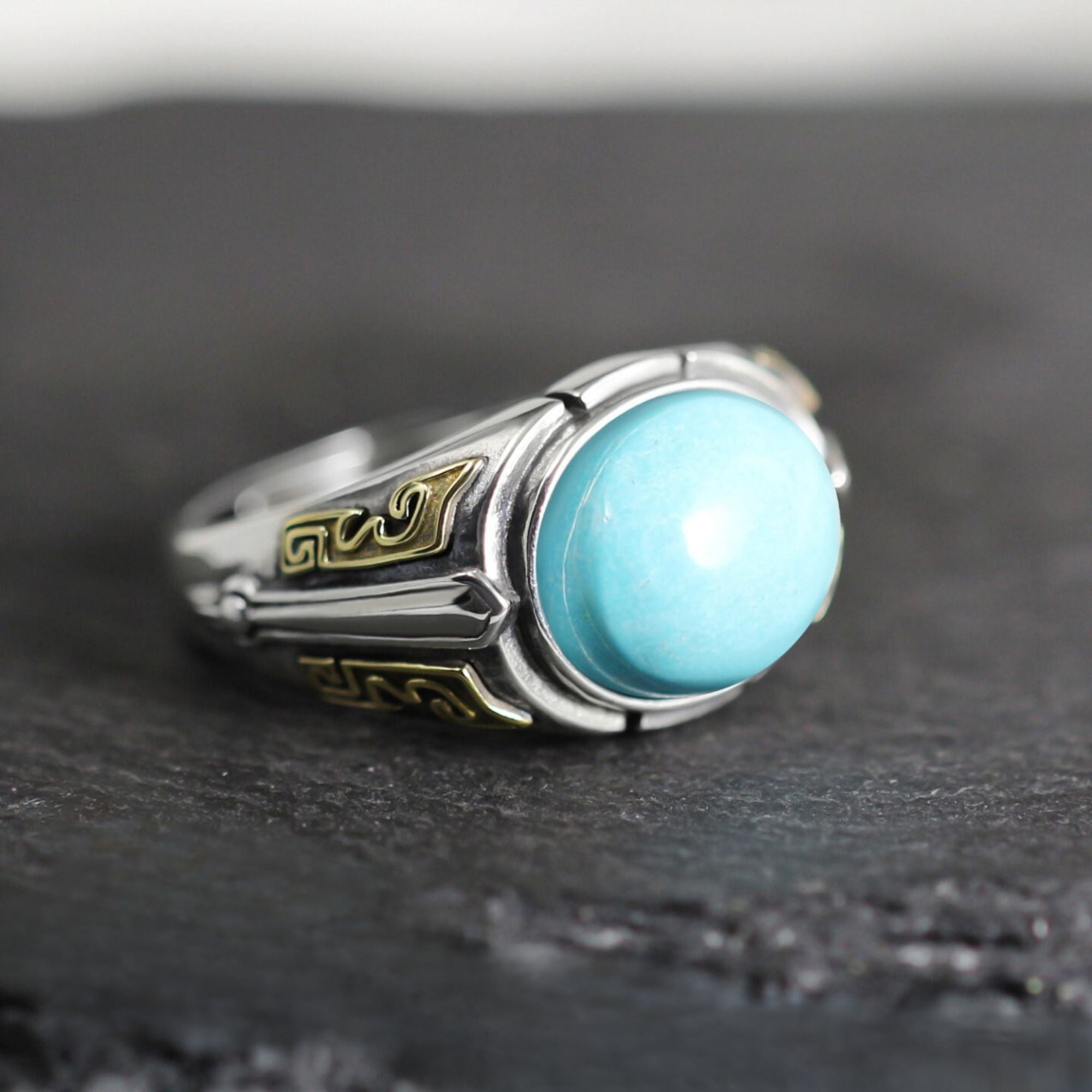 Greek Key Round Turquoise 925 Sterling Silver Ring