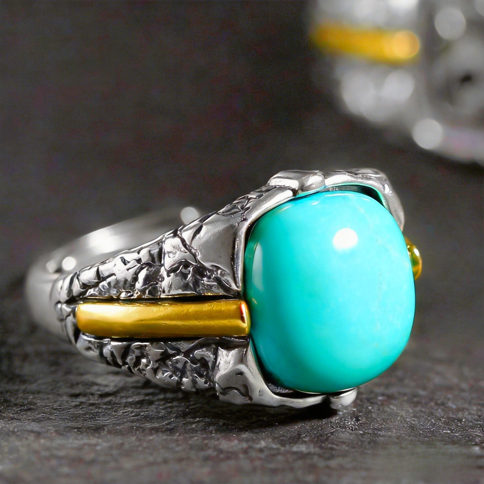 925 Sterling Silver Rock Hammered Turquoise Statement Ring