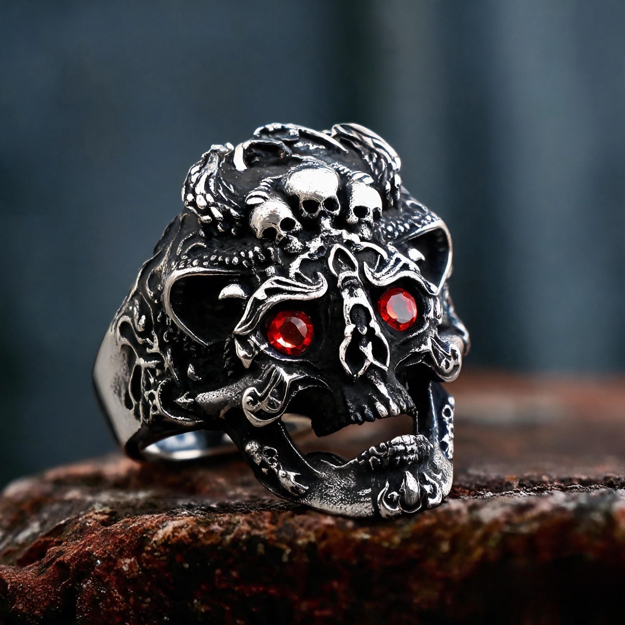 Edelstein-Augen-Totenkopf-Edelstahl-Biker-Ring