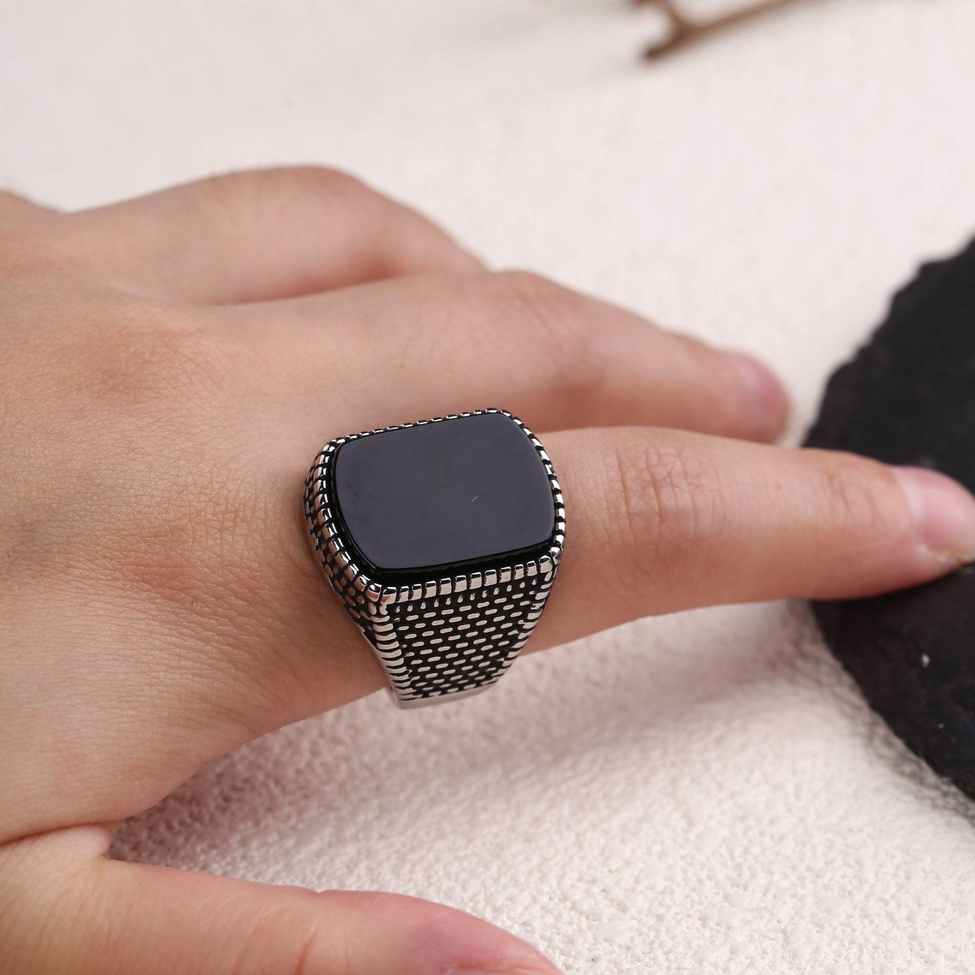 Black Onyx Agate Stainless Steel Ring