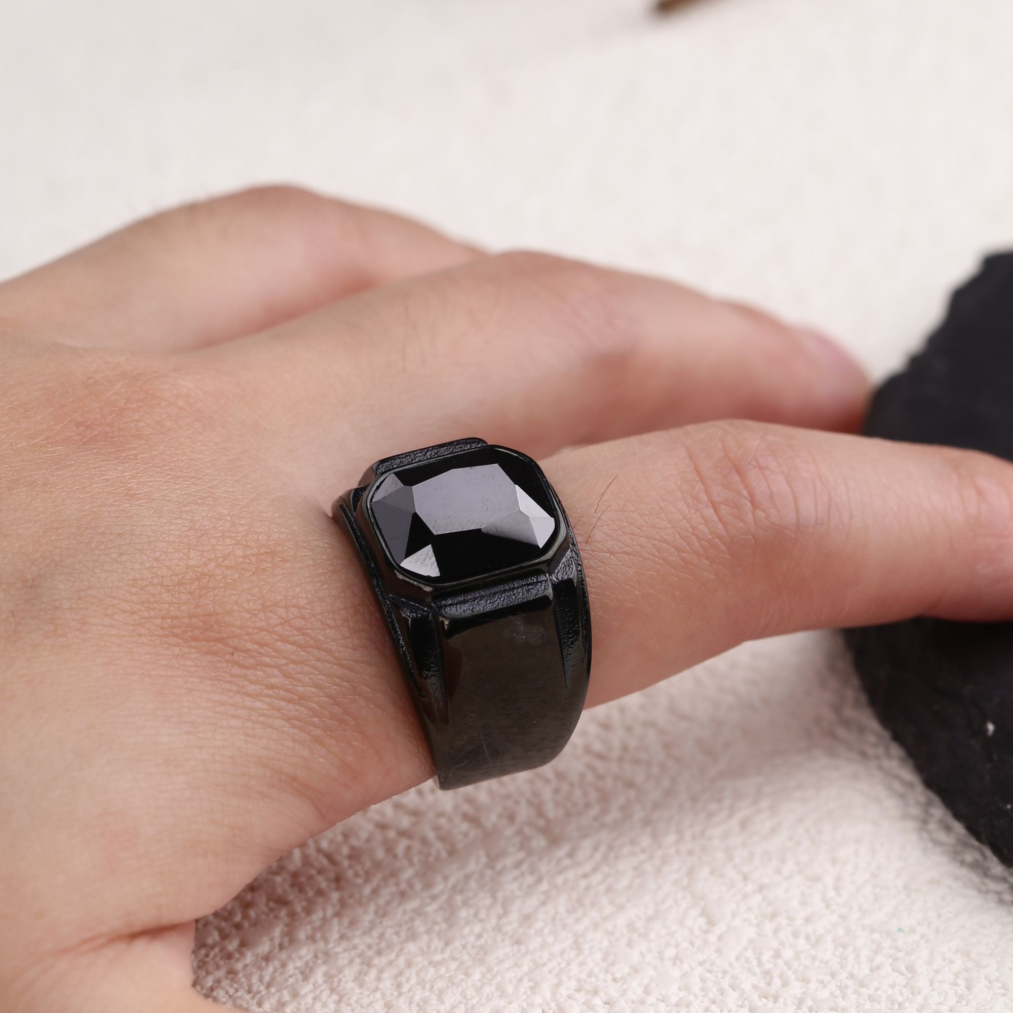 Scissor Cut Gemstone Black Band Stainless Steel Ring