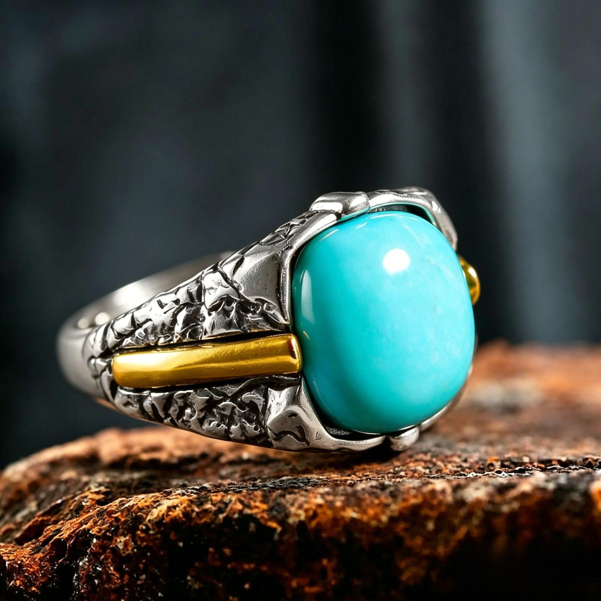 925 Sterling Silver Rock Hammered Turquoise Statement Ring