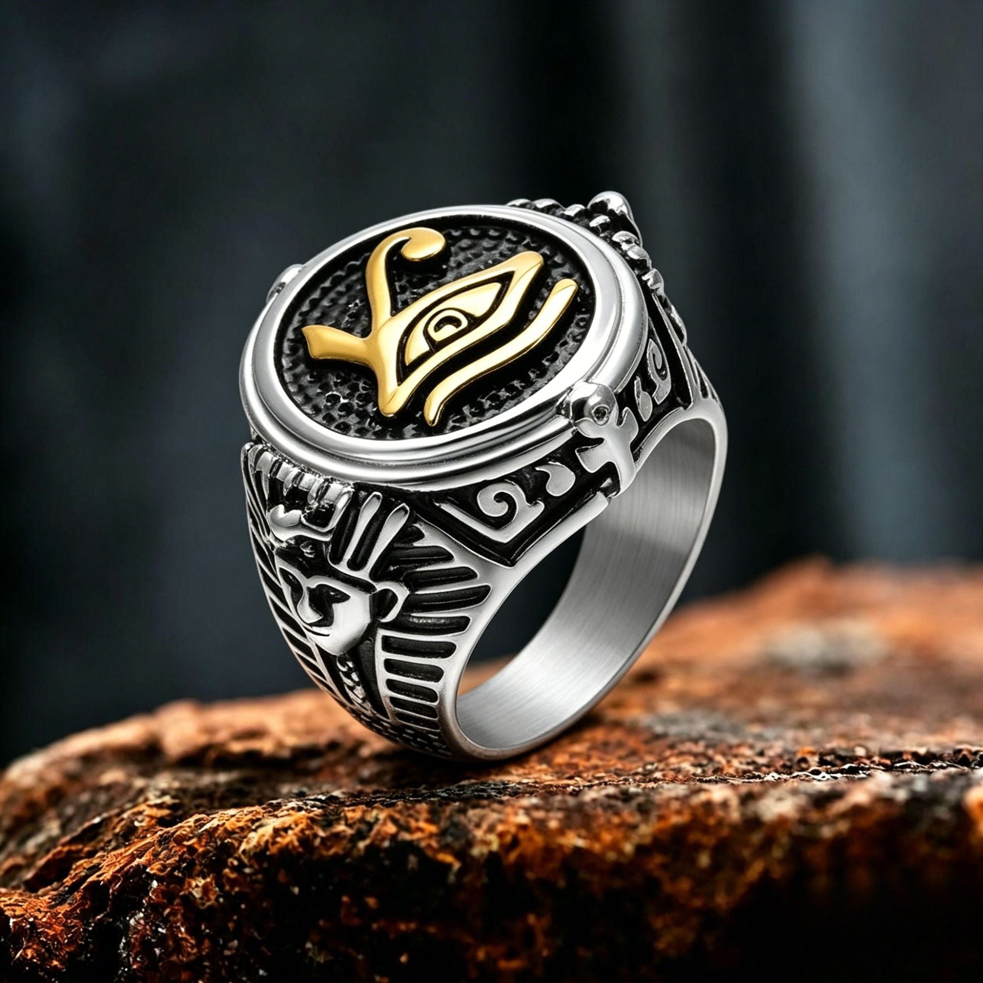 Vintage Egyptian Carved Stainless Steel Ring