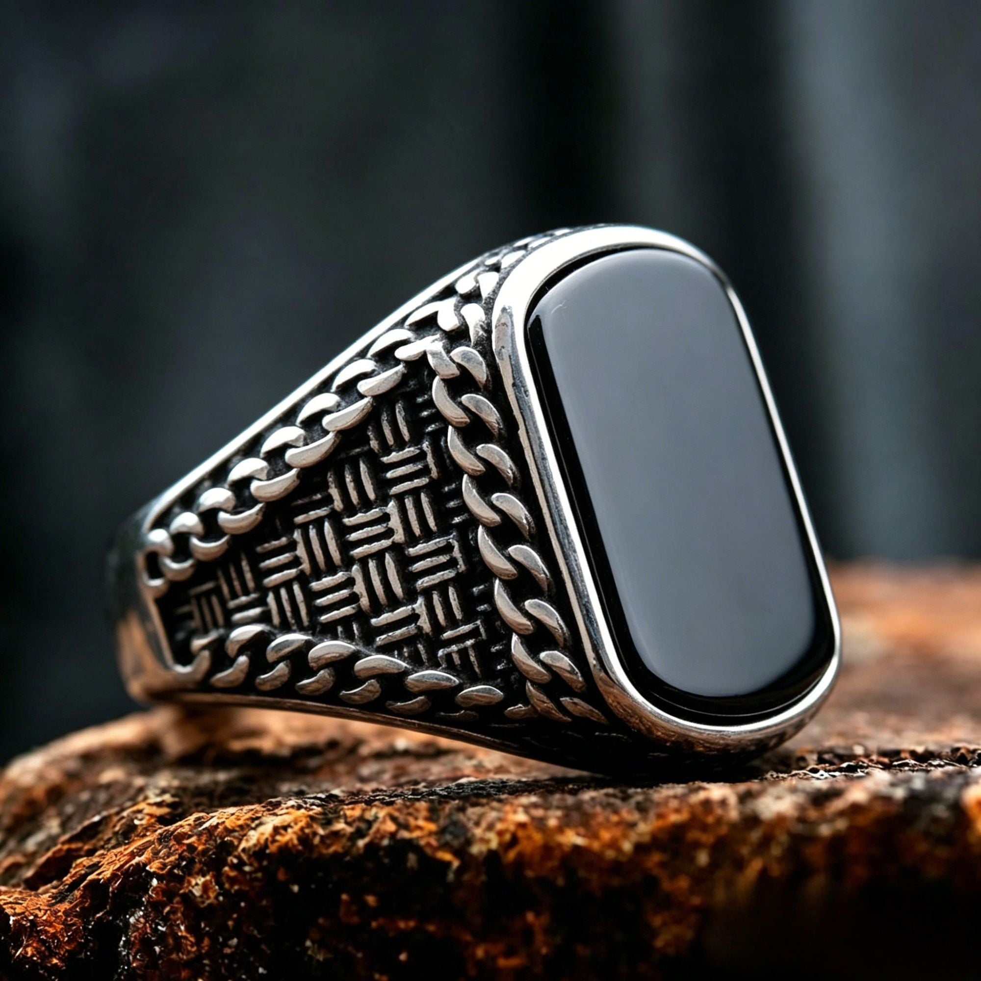 Woven‑Pattern Onyx Inlaid Stainless Steel Ring