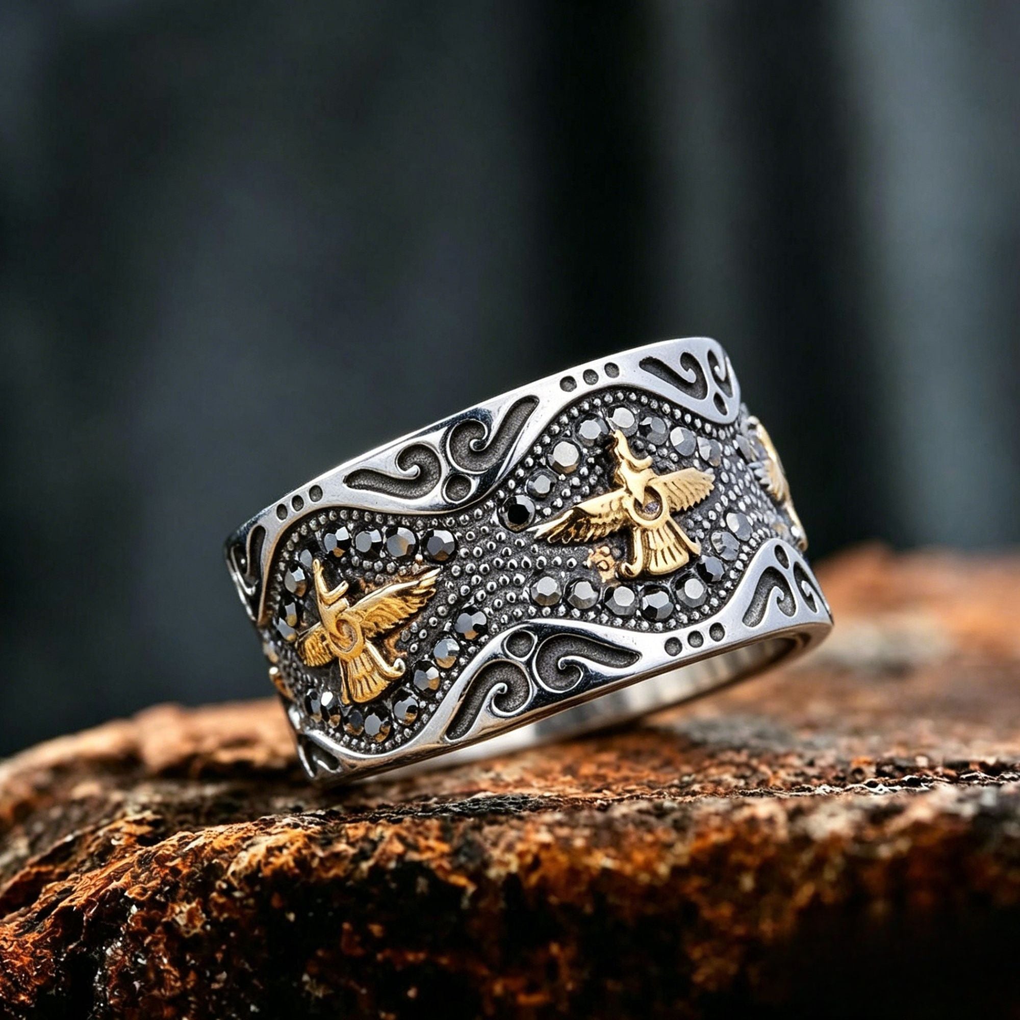Eagle Totem Two‑Tone Stainless Steel Ring