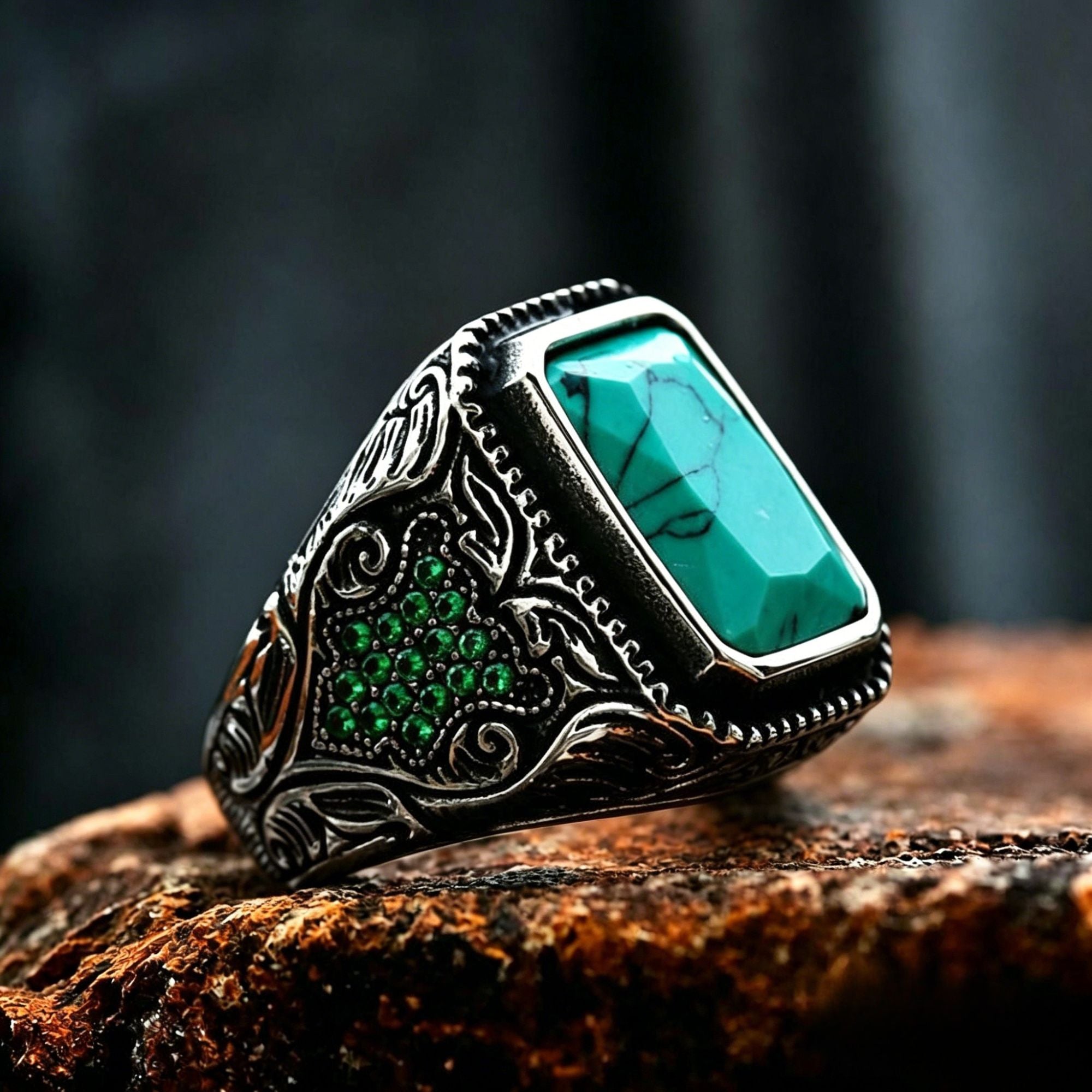 Carved Multi‑Gem Stainless Steel Ring