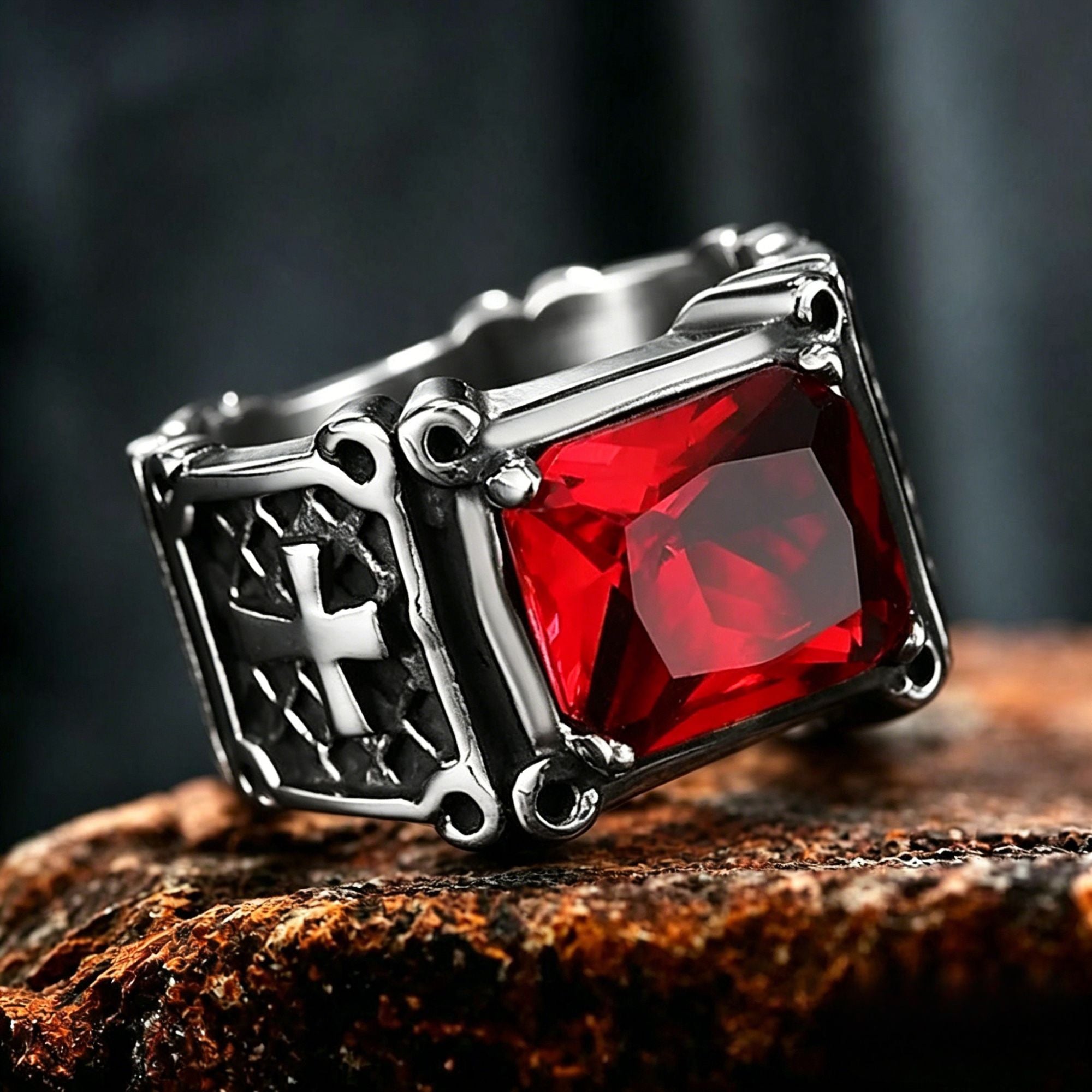 Cushion Gemstone Cross Stainless Steel Ring