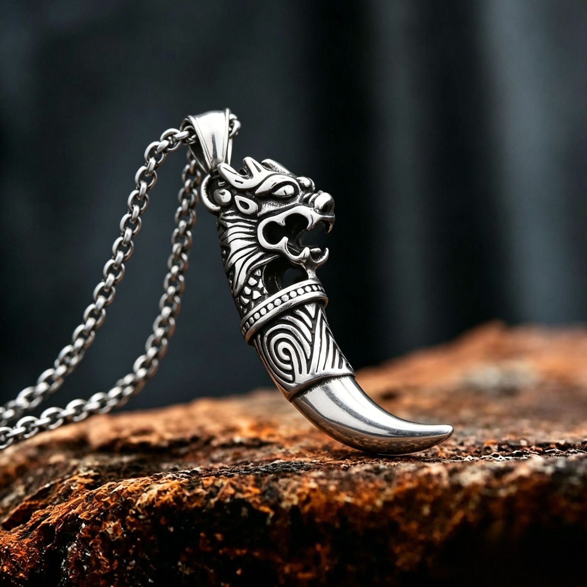 Dragon Head Fang Stainless Steel Pendant Necklace