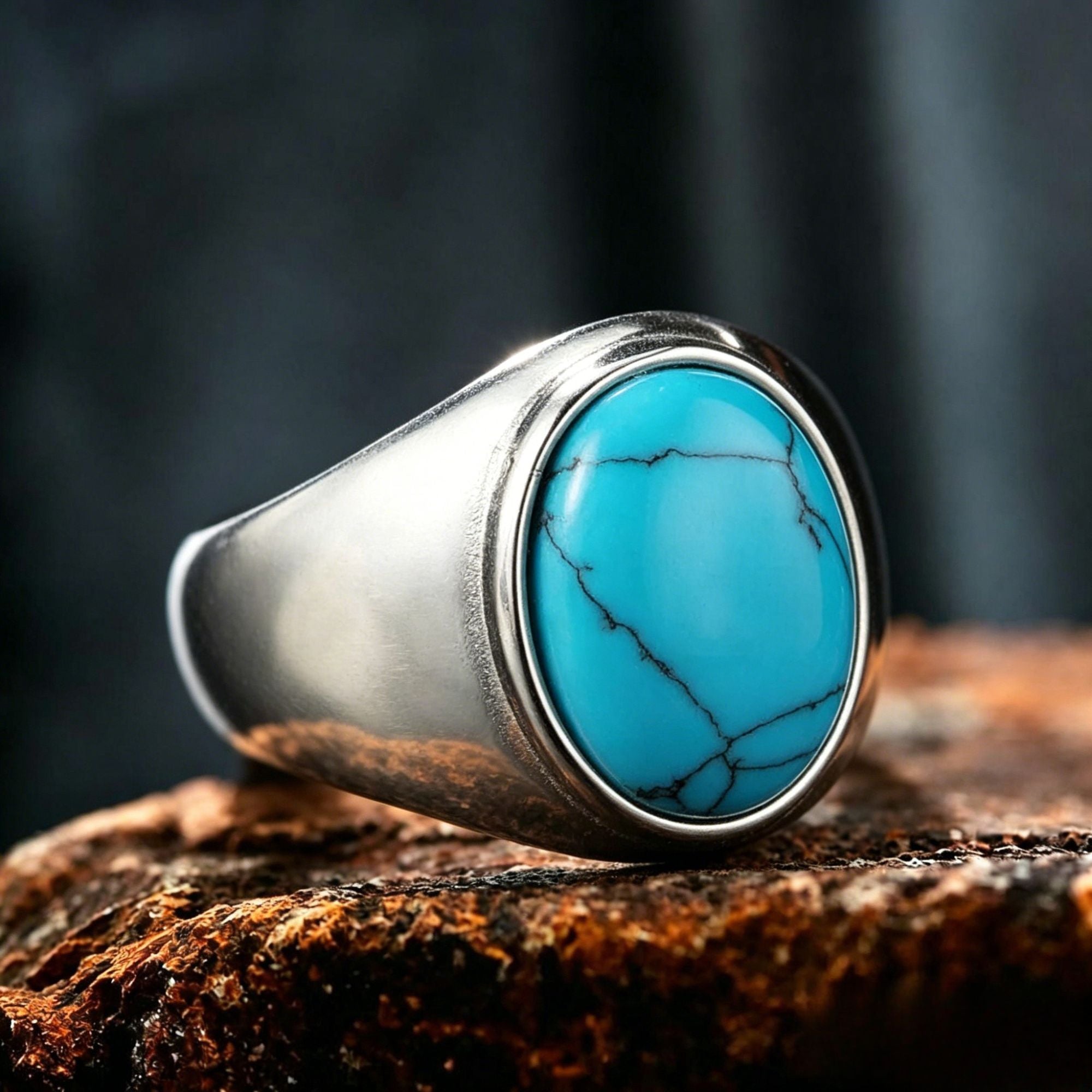 Oval Blue Turquoise-Obsidian Stainless Steel Ring