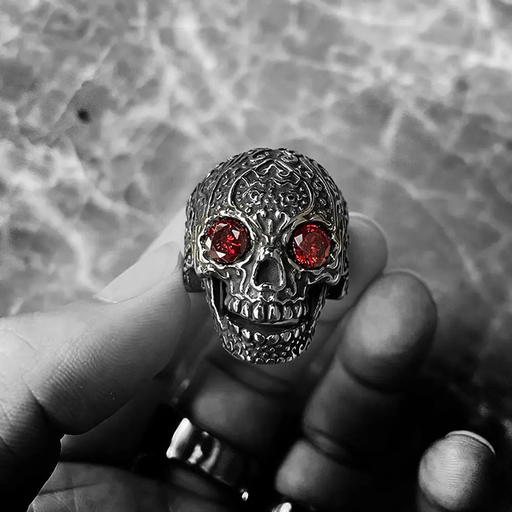 Carved Skull With Gemstone Eyes Ring VRAFI