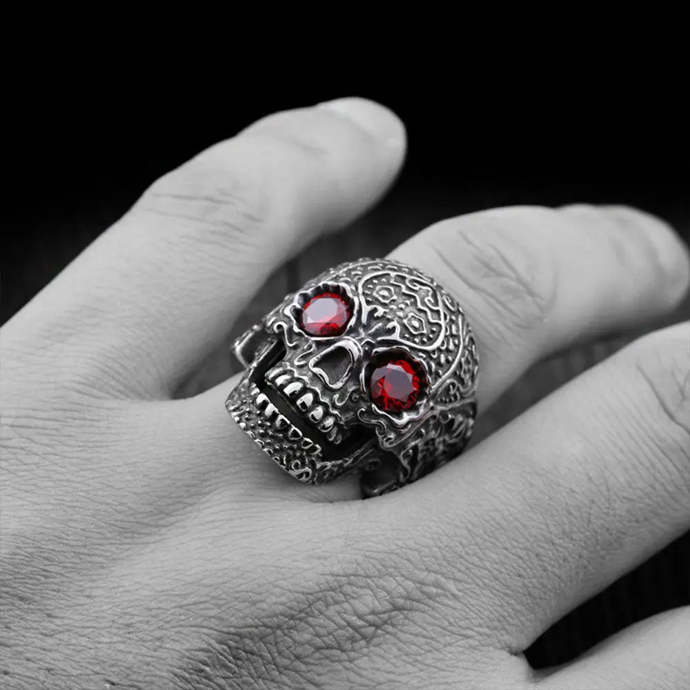 Carved Skull With Gemstone Eyes Ring VRAFI