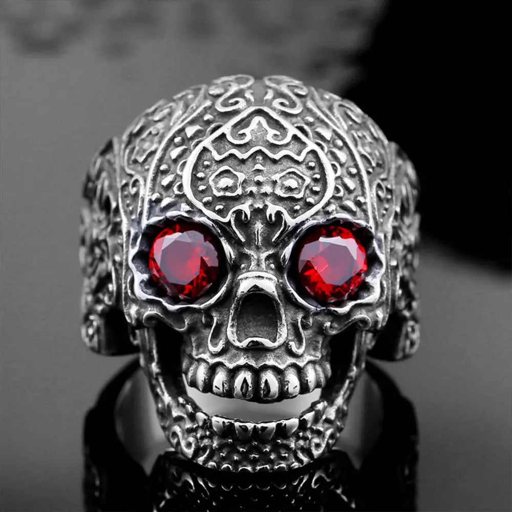 Carved Skull With Gemstone Eyes Ring VRAFI