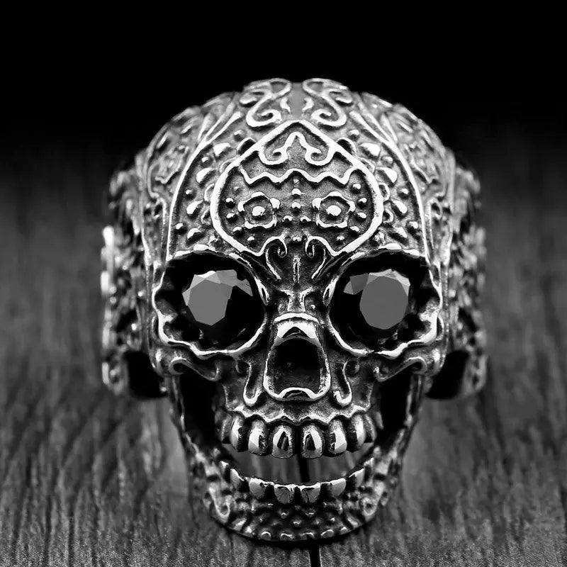 Carved Skull With Gemstone Eyes Ring VRAFI